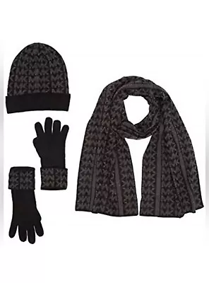 NWT MICHAEL KORS Logo Jacquard Scarf Beanie And Gloves Gift Set -Black • $35.99