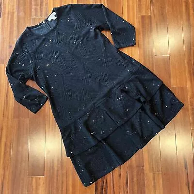 Michael Michael Kors Black Dress Sequin Geometric Ruffle Long Sleeve Size 1X • $46