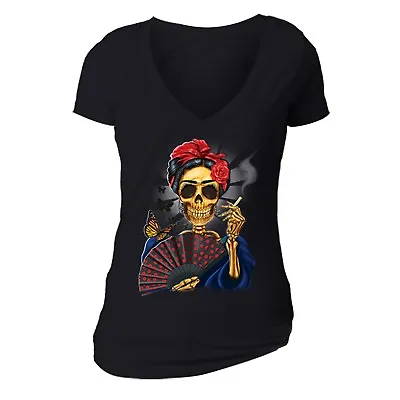 Womens Woman Skeleton Smoking Sugar Skull Day Dead Los Muertos Mexican T-Shirt • $18.49