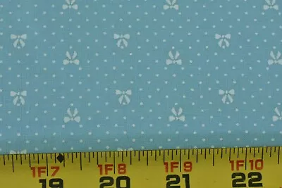 By 1/2 Yd Vintage White Bows & Pin-Dots On Light-Blue Thinner-Cotton P9081 • $5