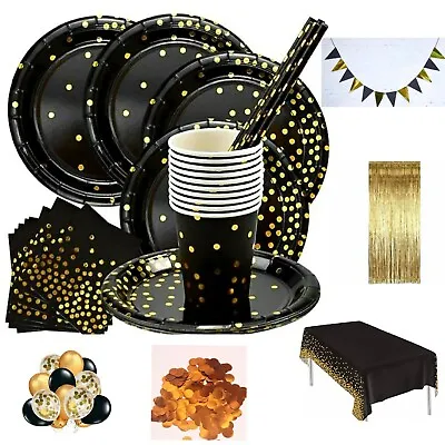£3.99 • Buy Black&gold TABLEWARE SET DINNERWARE PARTY DECORATIONS BIRTHDAY WEDDING HEN PARTY