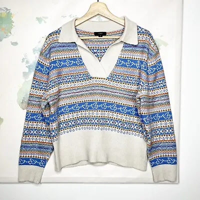 J. Crew Sweater Size Medium Fair Isle Lambs Wool Blend Johnny Collar Blue Ivory • $40.79