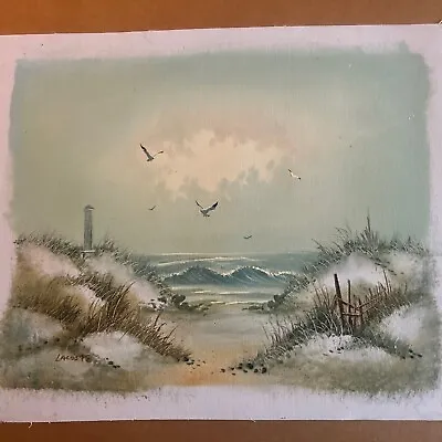 VINTAGE Hand Painted Original  Painting On Canvas 12  X 16   Sunset / Lighthouse • $15.18