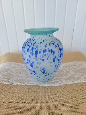 Vintage Blown Glass Vase Frosted Glass Blue Speckled - Spatter With Flared Rim • $14.50