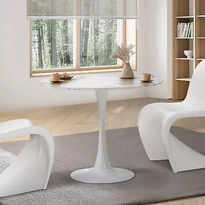 Oikiture 90cm Dining Table Kitchen Marble Tulip Round Metal Leg White • $135.90