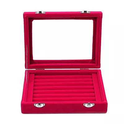 7 Grids Velvet Glass Ring Earrings Jewelry Box Display Case Pink • $13.99