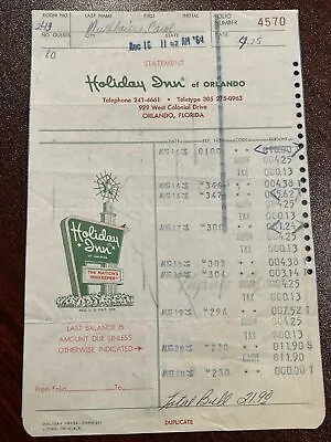Holiday Inn Orlando Hotel Bill Teletype Number Colonial Drive Vintage 1964  • $7.12