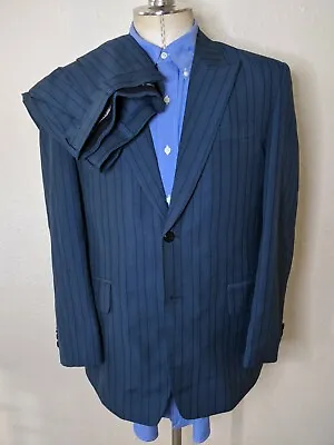 VTG 1920s Style Bespoke 2pc Suit 40R Blue Aqua Black Jacket 33 X 28 Pleated Pant • $125.96