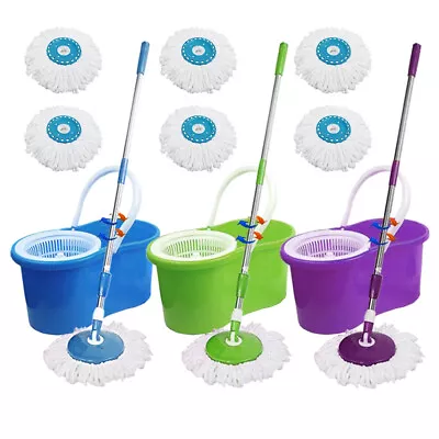 360° Rotating Head Easy Spin Dry Floor Mop Bucket + 2 X Head Microfiber Spinning • $7.99