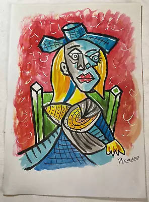 Pablo Picasso-Drawing On Paper (handmade) Signed And Printed Mixed Media Vtg • £114.95