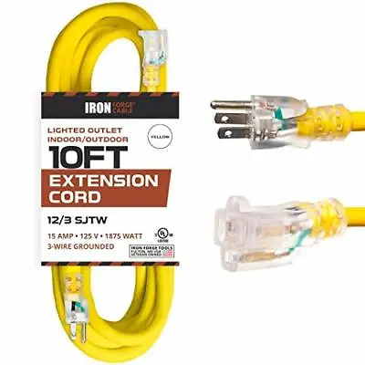 10 Foot Lighted Outdoor Extension Cord - 12/3 SJTW Heavy Duty Yellow • $19.99