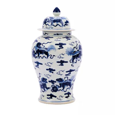 $289.99 • Buy Blue & White Large Porcelain Foo Dog Motif Temple Jar Ginger Jar 21  Tall