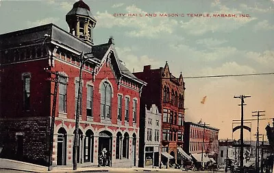 Wabash IN Indiana 1910s Downtown City Hall Freemasons Main Street Postcard P6 • $11.45