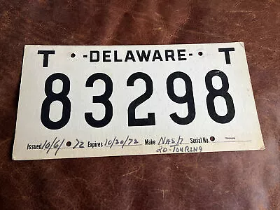 Vintage 1972 Delaware TEMPORARY License Plate Tag NASH TOURING !!cardboard 83298 • $14.70
