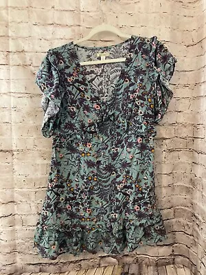 Miami Dress Women's Large A Line  Blue Floral Ruffle Flutter Sleeve V Neck Rayon • $18.04