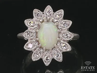 Vintage 14k White Gold Natural Opal & Diamond Halo Ladies Ring 4.3g I12249 • $489.30