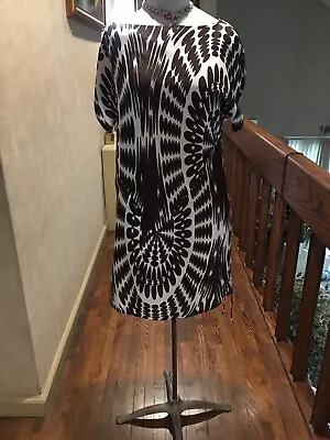 Milly New York  100% Silk  Brown/white Lined Abstract Print Tunic Blouse Sz. 4 • £28.90