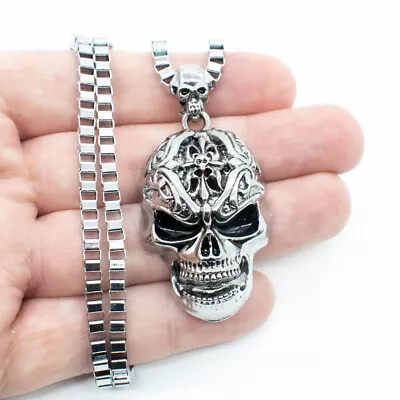 Mens Large 2  Sugar Skull Metal Pendant Necklace 22  Box Chain Biker Punk • $10.99