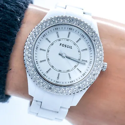 Fossil Stella Womans Watch ES2444 White Resin Double Crystal Bezel Working • $20.83