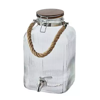 2 Gallon Ribbed  Clear Glass Beverage Dispenser With Acacia Wooden Lid • $21.54