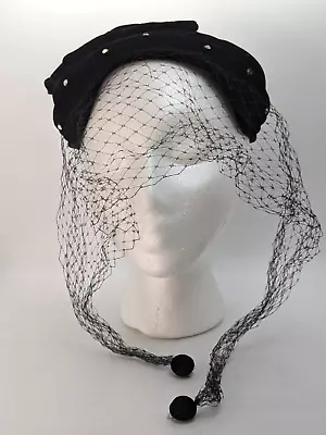 Vintage Black Velvet Fascinator Hat Headband With Net Veil Rhinestones Bow • $35