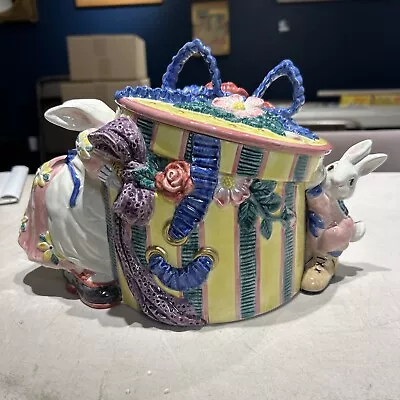 Fitz And Floyd Cotton Tailors Hat Box Cookie Jar W/ Box Baby Bunnies Inside • $95