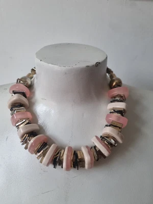 £2 • Buy Beautiful M&S Gold Tone & Pink Beaded Chunky Necklace Costume Jewellery