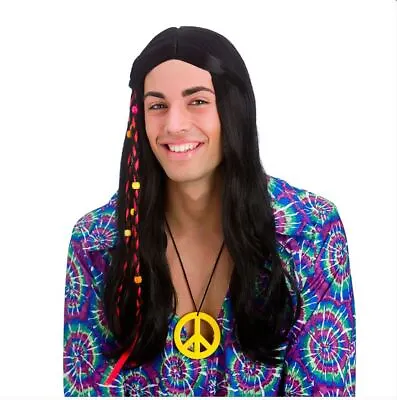 £9.95 • Buy Mens 1960s COOL HIPPIE WIG Hippy Flower Power Beads Braids Fancy DresS Groovy