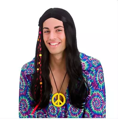 Mens 1960s COOL HIPPIE WIG Hippy Flower Power Beads Braids Fancy DresS Groovy • £9.90