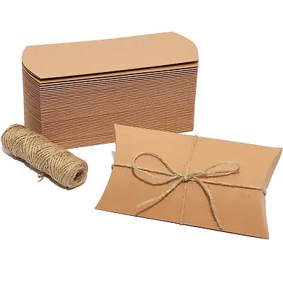 $16.99 • Buy 50 Pack Kraft Pillow Boxes Set With 100ft Jute Twins For Wedding Party Favor