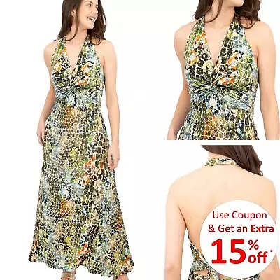 Karen Millen Womens Dress Animal Print Halter Neck Green Maxi Long A-Line Summer • £25