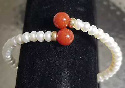 Vintage SOLID 14K YELLOW GOLD BEAD Freshwater Pearl & Red Jade Cuff Bracelet • $1.25