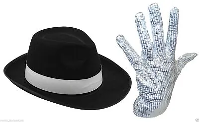 Mens Ladies Michael Jackson Silver Sequin Glove Al Capone Hat 70 80s • £8.99