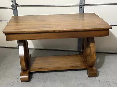 Antique Solid Oak Library Table With Harp Legs; Refinished. Good Condition. • $150