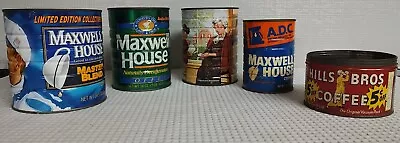 5 Vintage Coffee Cans: Maxwell House & HILLS BROS NO LIDS METAL CANS • $25