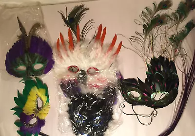 Lot Of 5 Masquerade Mardi Gras Masks Feathered Cloth And Plastic • $2.99