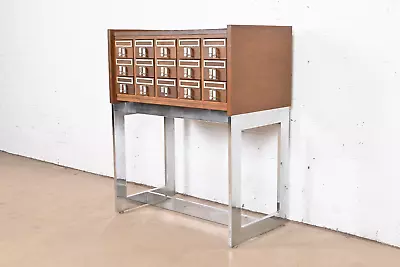 Mid-Century Modern Walnut And Chrome 15-Drawer Library Card Catalog • $2995