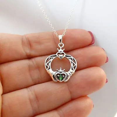 Irish Claddagh Pendant Necklace - 925 Sterling Silver  Green Glass Love Gift NEW • $23