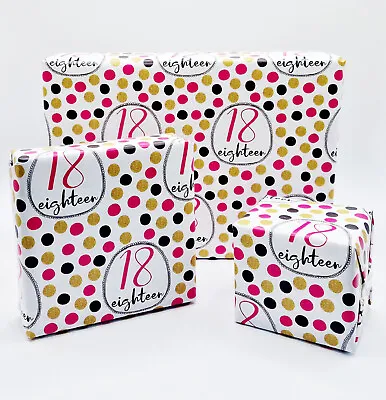 2 Sheets 18th Birthday Wrapping Paper Age 18 Giftwrap Female Pink Polka (PA-W166 • £2.49