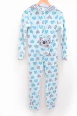 Justice Girl's Sz 10 Blue Pajamas Fleece Zip Up One Piece W/ Koala Hood Footies • £8.04