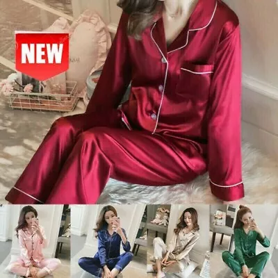 Ladies Satin Pyjamas PJs Womens Silk Long Sleeve Soft Sleepwear Nightwear Set UK • £1.79