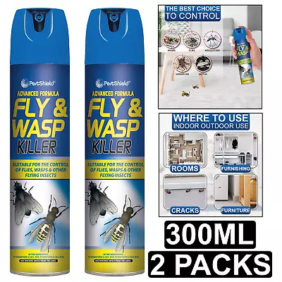 2x Fly And Wasp Killer Spray Kills Insects Midges Mosquito Advance Formula 300ml • £6.89