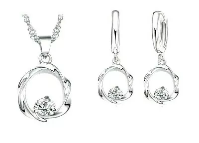 £4.99 • Buy 925 Sterling Silver Cubic Zirconia Crystal Necklace Pendant And Earring Set *UK*