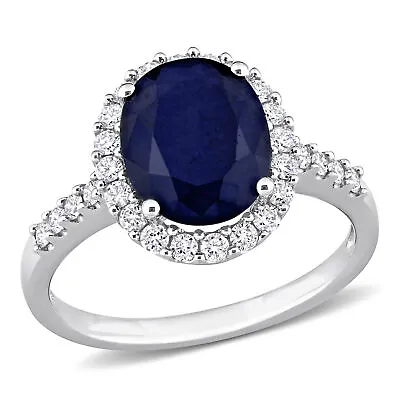 925 Sterling Silver 2/5 CT CZ & 3 1/2 CT Oval Diffused Sapphire Halo Ring • $136