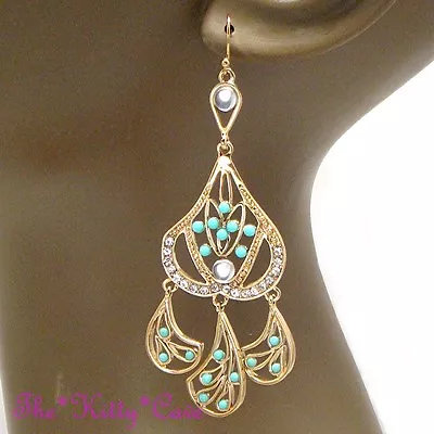 Chic Mint Turquoise Fiilgree Gold Drop Chandelier Earrings W/ Swarovski Crystals • £13.99