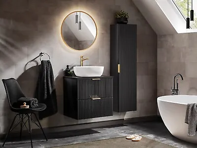 Bathroom Countertop Sink 2x Unit Set 60cm Ribbed Textured Black Wall Hung Adel • £599.95