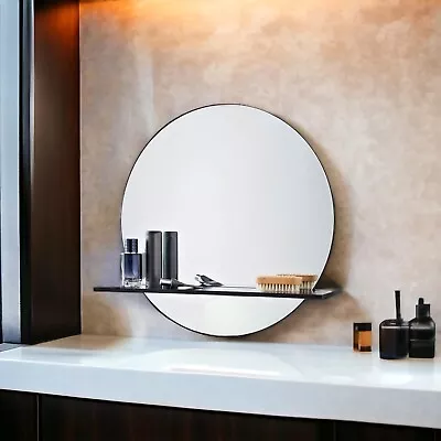 Black Round Bathroom Mirror With Cosmetics Shelf Wall Mounted Metal Frame • £34.99