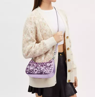 NWT COACH CQ556 Teri Shoulder Bag In Sequins Foil Metallic Smooth Leather Lilac • £124.33