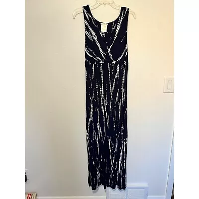 Matty M Maxi Dress Navy White Jersey Knit Tie Dye Stripe Womans Size L • $15