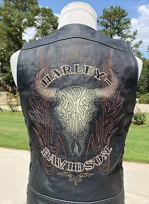 Harley Davidson Men TIOGA PASS Leather Snap Vest Skull Distressed Medium • $229.98